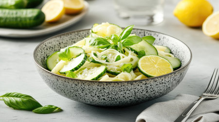 Bowl of light pasta salad with cucumber, served on pale background with fork and lemon slice, copy space includedの素材