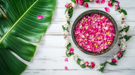 Bowl of rose and jasmine petals for Thai New Year ritual, lotus leaf and garland as decoration on white wooden backgroundの素材