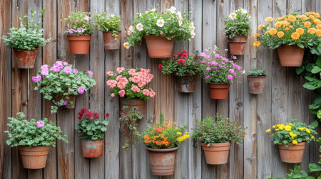 Carefully arranged outdoor blooms and hanging flower pots along a fence, displaying vibrant colors and texturesの素材