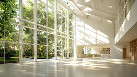 Bright D-rendered home interior with white tones and full-height windows, modern yet soft visual appealの素材