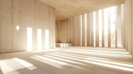 Bright empty room with tatami mat floor and natural wood accents, modern Japanese-inspired interior, D rendering with soft shadowsの素材