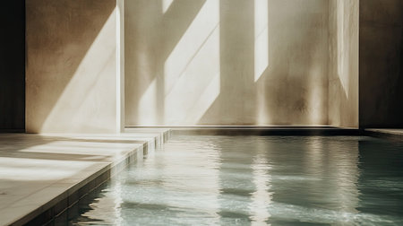Chic and modern indoor pool in a luxury hotel, sunbeams across water, minimalist decor and tranquil vibeの素材