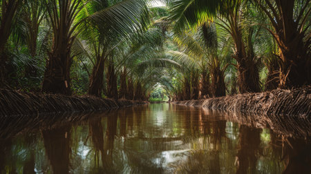 Canal flowing through rows of dwarf coconut trees with coconuts hanging low, tropical farm in Thailandの素材