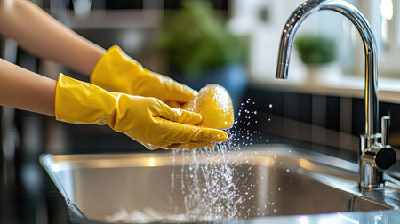 Cafe worker cleaning up behind the counter, hand-washing dishes with gloves on, inside bright and modern kitchenの素材