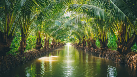 Canal flowing through rows of dwarf coconut trees with coconuts hanging low, tropical farm in Thailandの素材