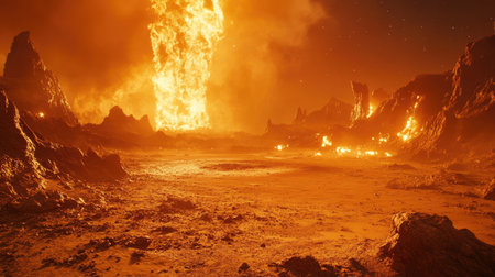 Burning orange sands stretch to the horizon where desert mountains rise against a cobalt skyの素材