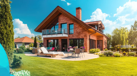 Brick home exterior with garden terrace and vivid blue sky, perfect for real estate conceptの素材
