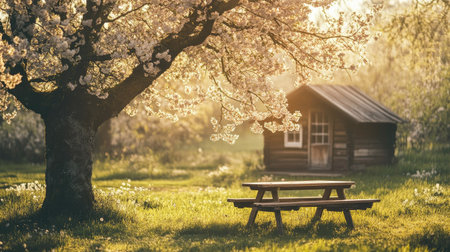 Bright garden morning with wooden cabin and picnic table beneath a tree full of spring leavesの素材