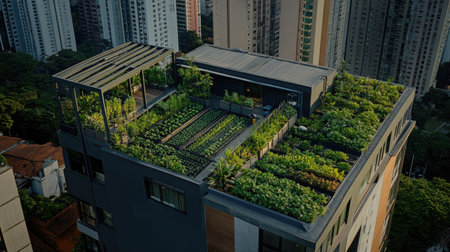 City rooftop filled with leafy greens and aromatic plants, symbolizing sustainable agriculture and urban eco-livingの素材