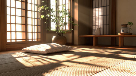 Clean interior space with traditional tatami mats, modern design elements, and wooden details, rendered in high-quality Dの素材