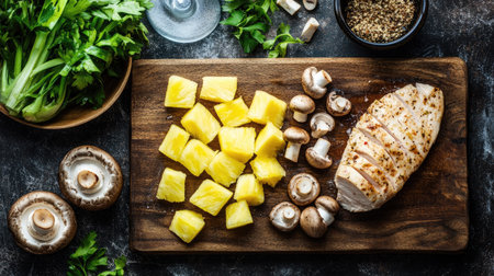Chicken salad recipe ingredients laid out on wooden board chopped pineapple, mushrooms, and chicken breastの素材