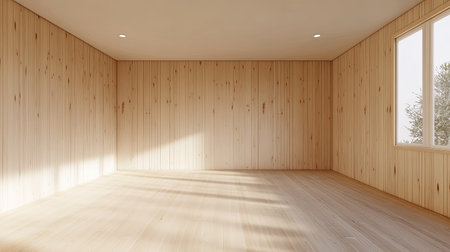Clean Japanese-style empty room with traditional tatami floor and wood paneling, bright D rendering from wide angleの素材