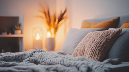 Classy and calm bedroom with modern design, plush pillows, soft blankets, and elegant ambient lightingの素材