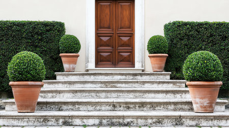 Classic-modern fusion door design framed by symmetrical potted plants on stone stepsの素材