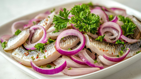 Classic seafood dish of pickled herring with red onion slices and parsley garnish on a white dish against a pale backdropの素材