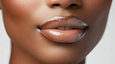 Close-up image of a woman with natural-looking foundation and glossy lips, radiating grace against a white wallの素材