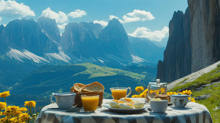 Classic breakfast spread with eggs, toast, and coffee set against a breathtaking mountain backdropの素材