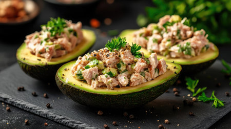 Close-up of a keto meal halved avocado filled with tuna salad, topped with parsley and black pepper, placed on slate serving boardの素材