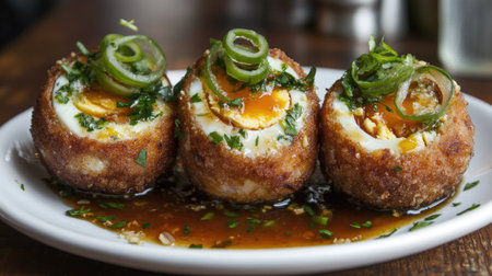 Close-up of fusion Thai plate fried boiled eggs with tangy tamarind sauce, coriander cutlet, and curled spring onions on topの素材