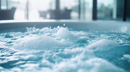 Close-up of bubbling water in a modern bathtub, showcasing jets in motion and soft foam rising on the surfaceの素材