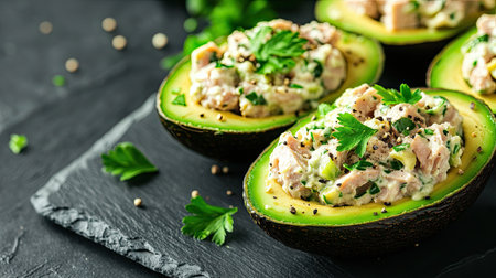 Close-up of a keto meal halved avocado filled with tuna salad, topped with parsley and black pepper, placed on slate serving boardの素材