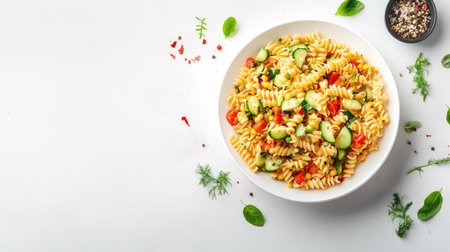 Clean, fresh layout of spring pasta salad with cucumber, ideal for menu design or food blog header with space for textの素材