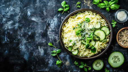 Clean, fresh layout of spring pasta salad with cucumber, ideal for menu design or food blog header with space for textの素材