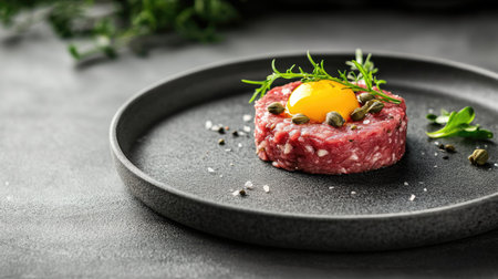 Close-up of elegant raw beef filet tartar with capers and yolk, served on minimalist plate with clean copy spaceの素材