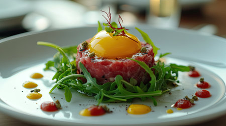 Close-up of stylish gourmet tartar with yolk and arugula, plated beautifully with copy space for upscale culinary marketingの素材