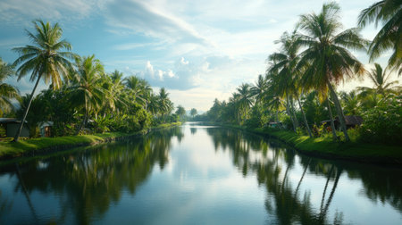 Cluster of green coconuts on dwarf trees next to a calm canal, tropical agriculture in rural Thailandの素材