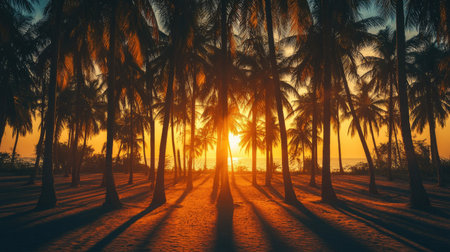 Coconut farm at golden hour, trees casting long shadows and sky glowing warm in the backgroundの素材