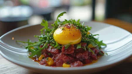 Close-up of stylish gourmet tartar with yolk and arugula, plated beautifully with copy space for upscale culinary marketingの素材
