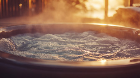 Close-up on surface water patterns in a hot tub, glistening under soft spa lights and steamの素材