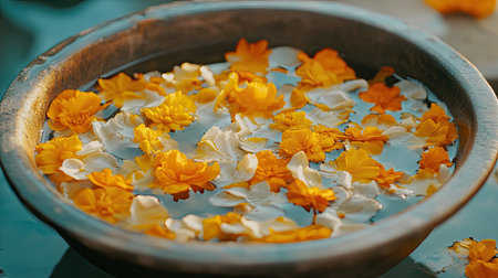 Close-up of Thai water bowl with floating jasmine and marigold petals, traditional part of Songkran celebration and blessingの素材