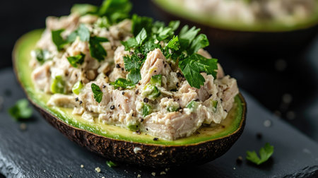 Close-up of a keto meal halved avocado filled with tuna salad, topped with parsley and black pepper, placed on slate serving boardの素材