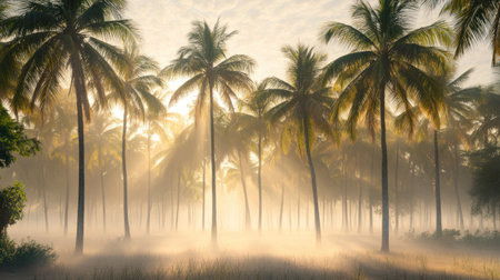 Coconut plantation in early morning mist with soft sunlight filtering through the treesの素材