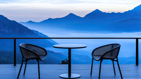 Coffee with a view minimalist table and chairs facing the vast landscape of blue mountain rangesの素材