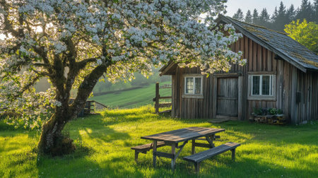 Country-style wooden building with backyard table under large tree in full bloom, peaceful and greenの素材