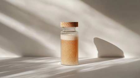 Coconut oil bottle with cork lid and soft shadows on a white surface, minimalist product compositionの素材