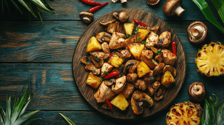 Creative food presentation of chicken, mushrooms, and pineapple salad served on wood grain surfaceの素材