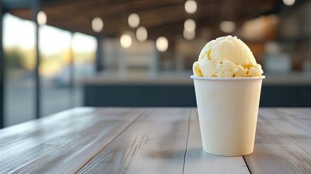 Coconut ice cream with soft texture served in takeaway cup, placed on clean wooden table with open spaceの素材