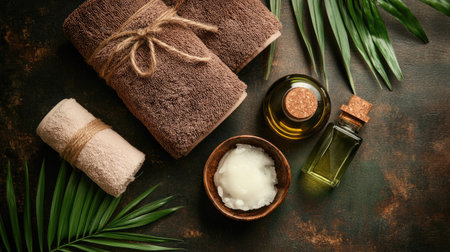 Coconut oil in small bowl and glass bottle, with bath towel on brown wooden table, organic beauty themeの素材