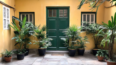 Colonial-inspired front porch with symmetrical potted plants and a deep green doorの素材