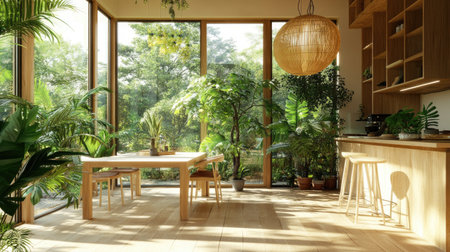 Contemporary office in loft design with wooden floor and wall panels, decorated with greenery and large windows overlooking natureの素材
