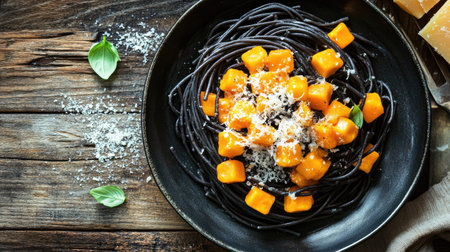 Colorful contrast of dark pasta and bright orange vegetable sauce, topped with parmesan shavings on a rustic wooden tableの素材