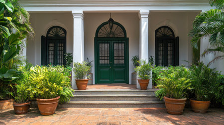 Colonial-inspired front porch with symmetrical potted plants and a deep green doorの素材