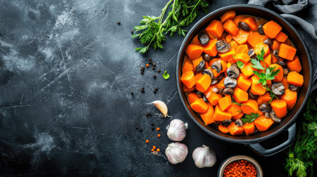 Cooking pot filled with creamy mushroom carrot sauce, viewed from top, garlic and herbs in the mix, empty space for overlayの素材