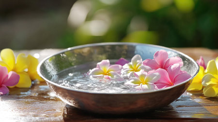 Cultural Thai setup with silver bowl of water and flowers, used in Songkran Festival for paying respect and traditional blessingsの素材