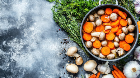 Cooking pot filled with creamy mushroom carrot sauce, viewed from top, garlic and herbs in the mix, empty space for overlayの素材