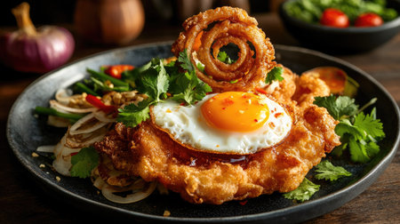 Crispy fried eggs glazed in tamarind sauce, served Thai fusion style with fresh herbs and elegant onion spiral garnishの素材
